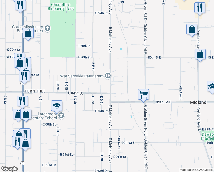 map of restaurants, bars, coffee shops, grocery stores, and more near 641 East 84th Street in Tacoma