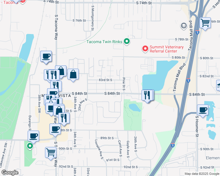 map of restaurants, bars, coffee shops, grocery stores, and more near 3202 84th Street South in Lakewood
