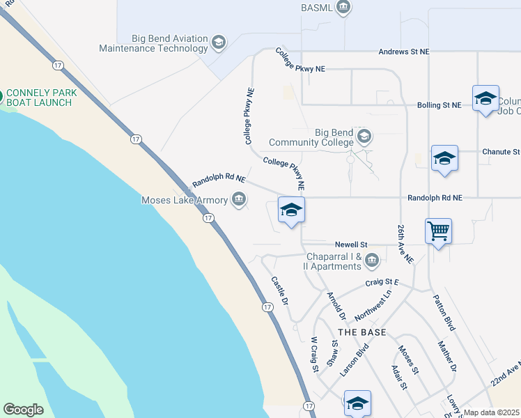 map of restaurants, bars, coffee shops, grocery stores, and more near 4441 Randolph Road Northeast in Moses Lake