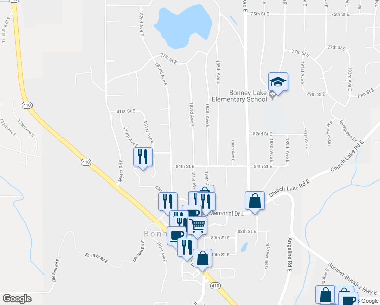 map of restaurants, bars, coffee shops, grocery stores, and more near 8301 183rd Avenue East in Bonney Lake