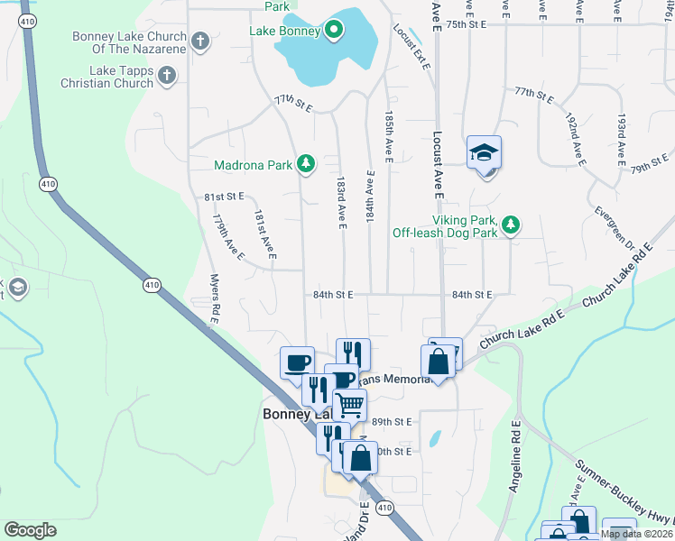 map of restaurants, bars, coffee shops, grocery stores, and more near 8301 183rd Avenue East in Bonney Lake