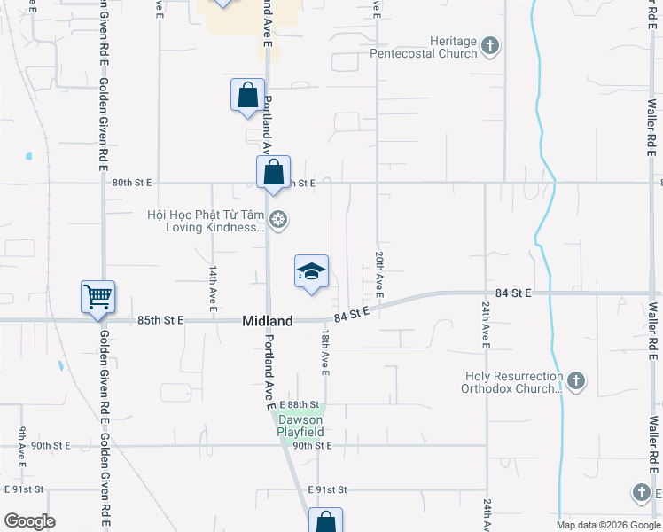 map of restaurants, bars, coffee shops, grocery stores, and more near 8302 18th Avenue Court East in Tacoma