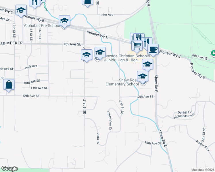 map of restaurants, bars, coffee shops, grocery stores, and more near 2306 11th Avenue Court Southeast in Puyallup