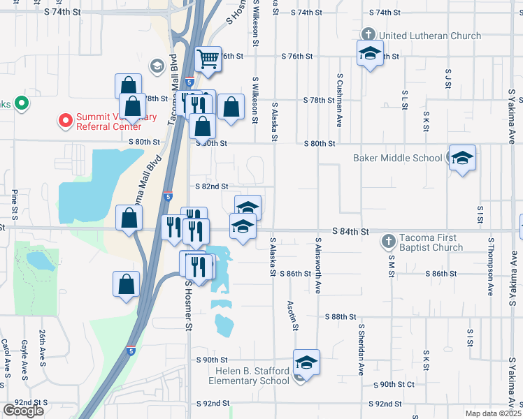map of restaurants, bars, coffee shops, grocery stores, and more near 8210 South Alaska Street in Tacoma