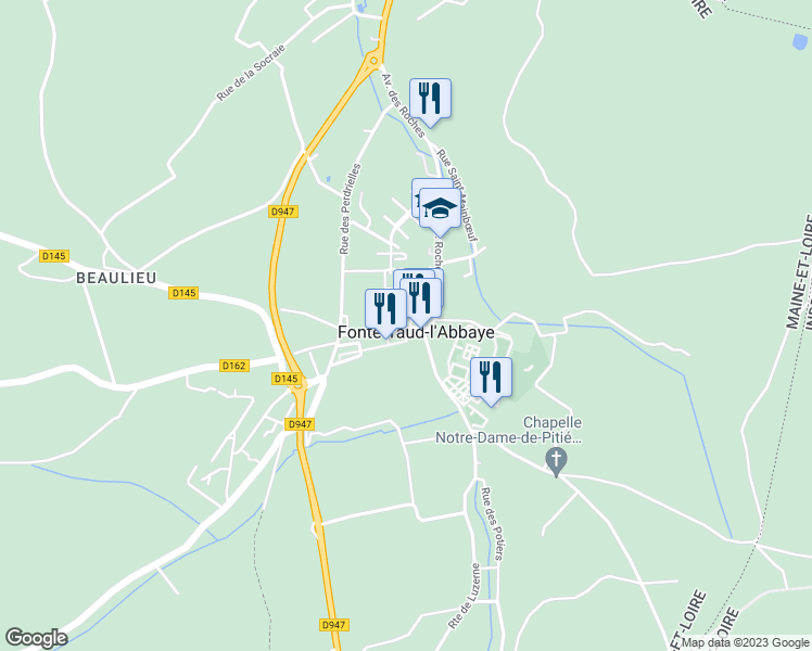 map of restaurants, bars, coffee shops, grocery stores, and more near 8 Rue Robert d'Arbrissel in Fontevraud-l'Abbaye