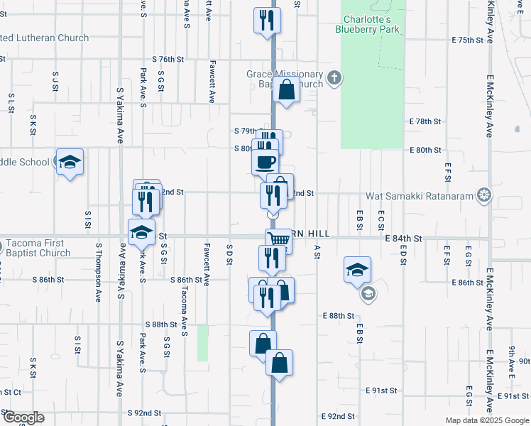 map of restaurants, bars, coffee shops, grocery stores, and more near 8208 Pacific Avenue in Tacoma