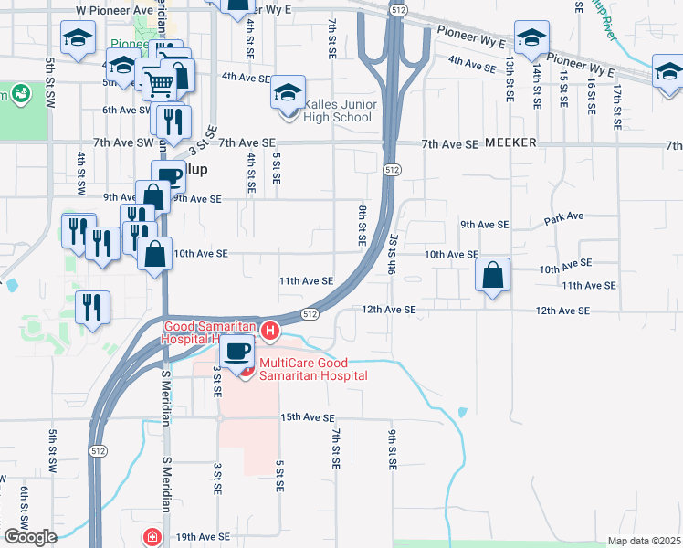 map of restaurants, bars, coffee shops, grocery stores, and more near 1008 7th Street Southeast in Puyallup