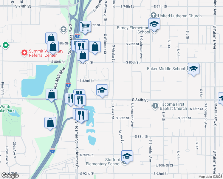map of restaurants, bars, coffee shops, grocery stores, and more near 8210 South Alaska Street in Tacoma