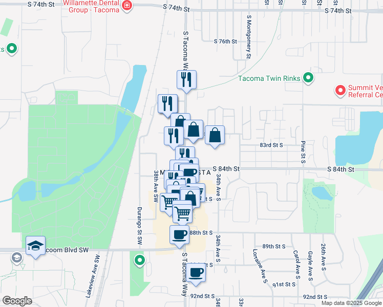 map of restaurants, bars, coffee shops, grocery stores, and more near 8219 South Tacoma Way in Lakewood