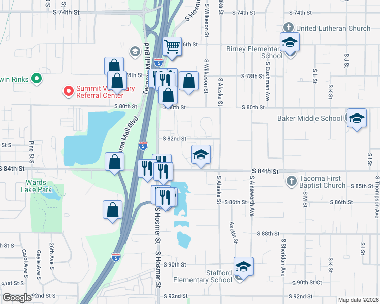 map of restaurants, bars, coffee shops, grocery stores, and more near 1738 South 82nd Street in Tacoma
