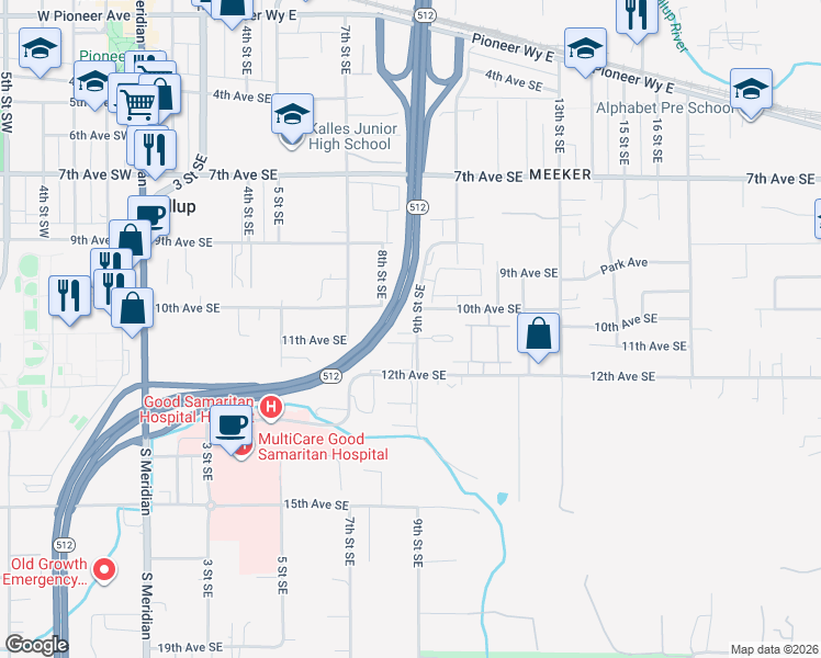 map of restaurants, bars, coffee shops, grocery stores, and more near 1016 9th Street Southeast in Puyallup
