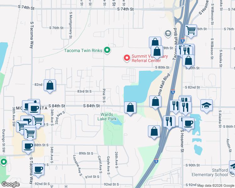 map of restaurants, bars, coffee shops, grocery stores, and more near 2621 84th Street South in Lakewood