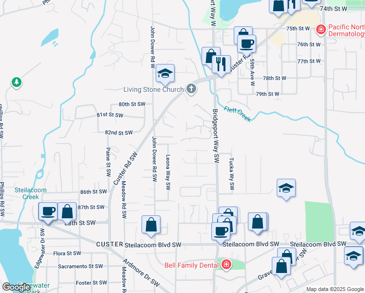 map of restaurants, bars, coffee shops, grocery stores, and more near 6219 83rd Street Southwest in Tacoma