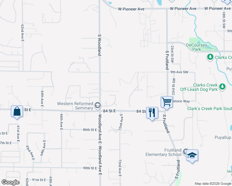 map of restaurants, bars, coffee shops, grocery stores, and more near 7111 82nd Street Court East in Puyallup