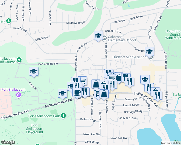 map of restaurants, bars, coffee shops, grocery stores, and more near 8504 82nd Street Southwest in Lakewood