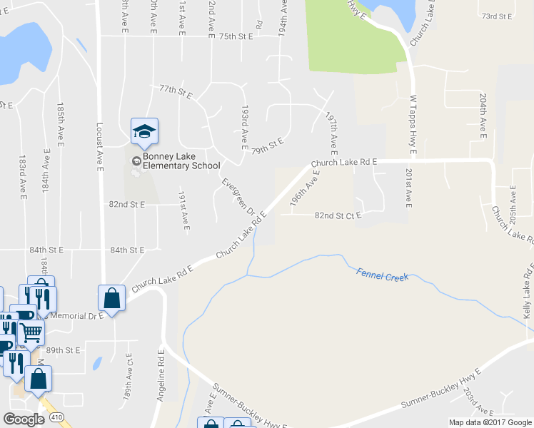map of restaurants, bars, coffee shops, grocery stores, and more near 19503 82nd Street Court East in Sumner
