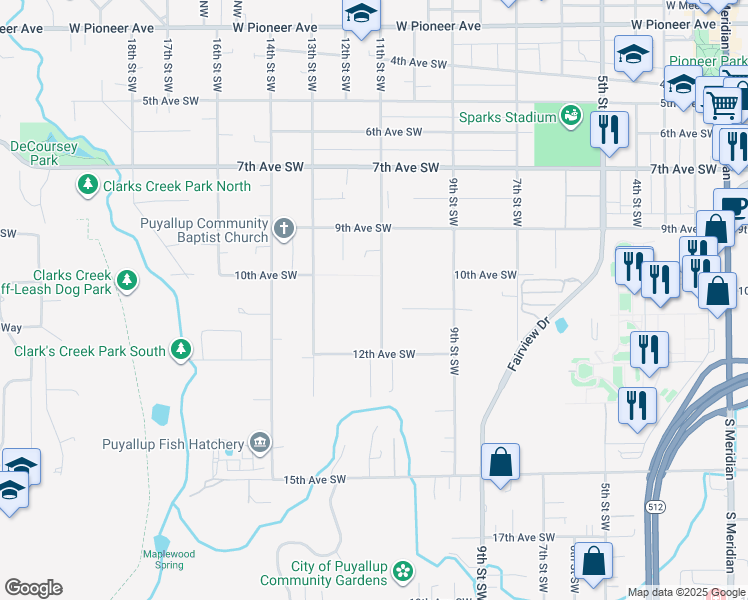 map of restaurants, bars, coffee shops, grocery stores, and more near 1010A 11th Street Southwest in Puyallup