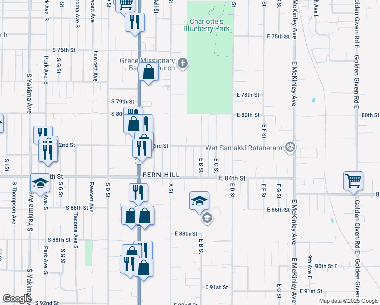 map of restaurants, bars, coffee shops, grocery stores, and more near 8203 East Sherwood Street in Tacoma