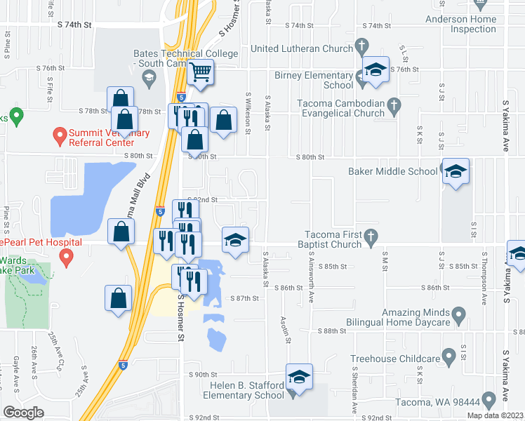 map of restaurants, bars, coffee shops, grocery stores, and more near 8210 South Alaska Street in Tacoma