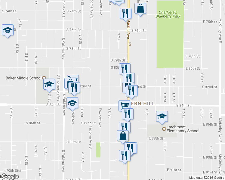 map of restaurants, bars, coffee shops, grocery stores, and more near 8209 South D Street in Tacoma