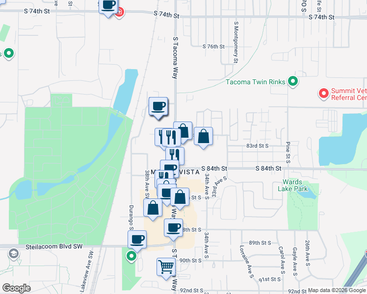 map of restaurants, bars, coffee shops, grocery stores, and more near 8219 South Tacoma Way in Lakewood