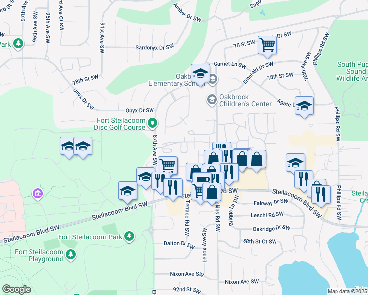map of restaurants, bars, coffee shops, grocery stores, and more near 8504 82nd Street Southwest in Lakewood