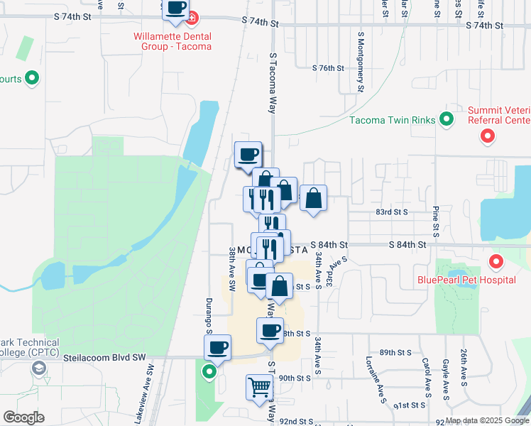 map of restaurants, bars, coffee shops, grocery stores, and more near 8220 South Tacoma Way in Lakewood