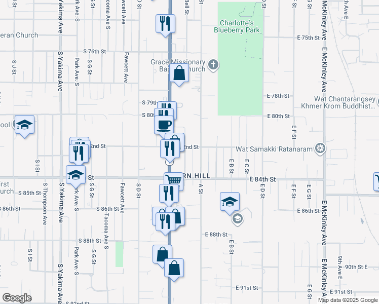 map of restaurants, bars, coffee shops, grocery stores, and more near 152 South 82nd Street in Tacoma