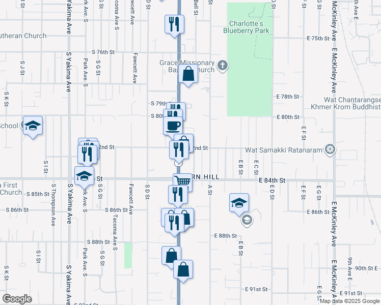 map of restaurants, bars, coffee shops, grocery stores, and more near 152 South 82nd Street in Tacoma