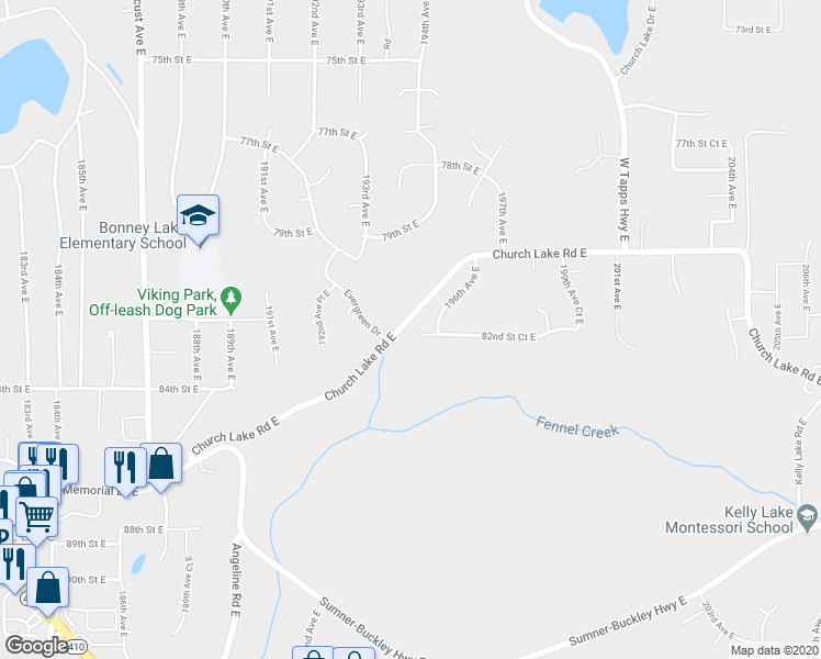 map of restaurants, bars, coffee shops, grocery stores, and more near 19503 82nd Street Court East in Sumner