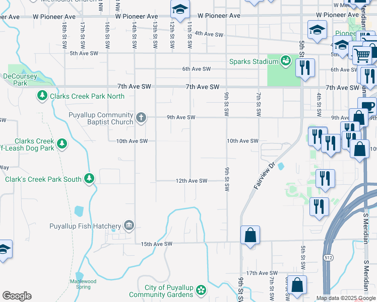 map of restaurants, bars, coffee shops, grocery stores, and more near 1010A 11th Street Southwest in Puyallup
