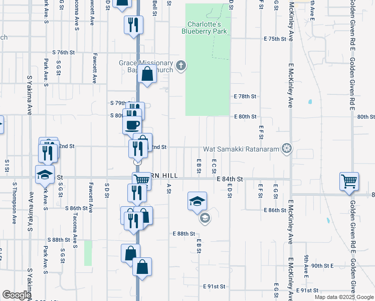 map of restaurants, bars, coffee shops, grocery stores, and more near 8203 East Sherwood Street in Tacoma