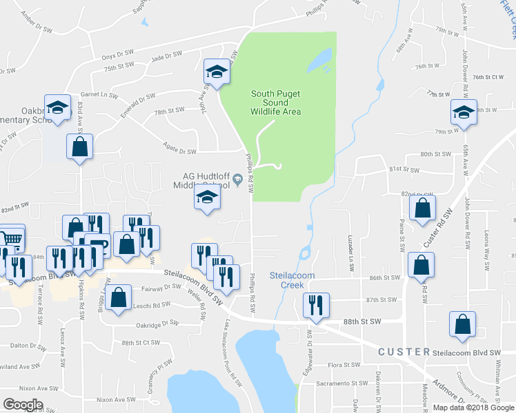 map of restaurants, bars, coffee shops, grocery stores, and more near 7421 82nd Street Court Southwest in Lakewood