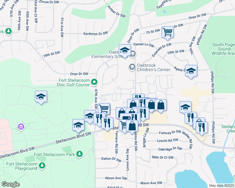 map of restaurants, bars, coffee shops, grocery stores, and more near 8504 82nd Street Southwest in Lakewood