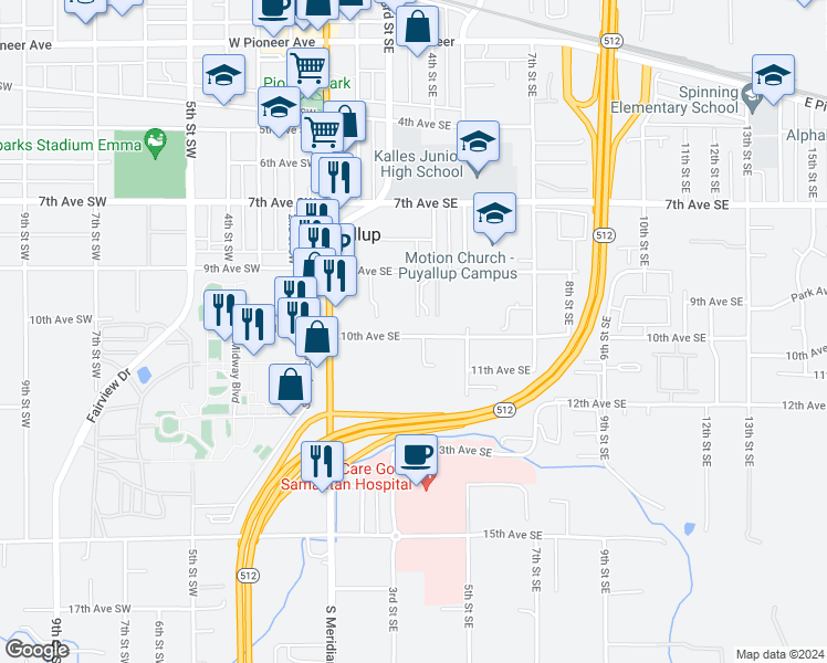 map of restaurants, bars, coffee shops, grocery stores, and more near 317 10th Avenue Southeast in Puyallup