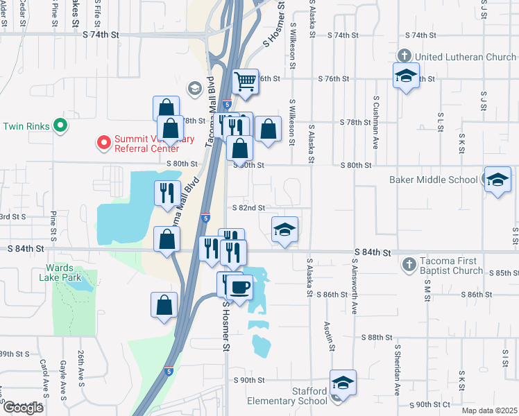 map of restaurants, bars, coffee shops, grocery stores, and more near 1823 South 82nd Street in Tacoma