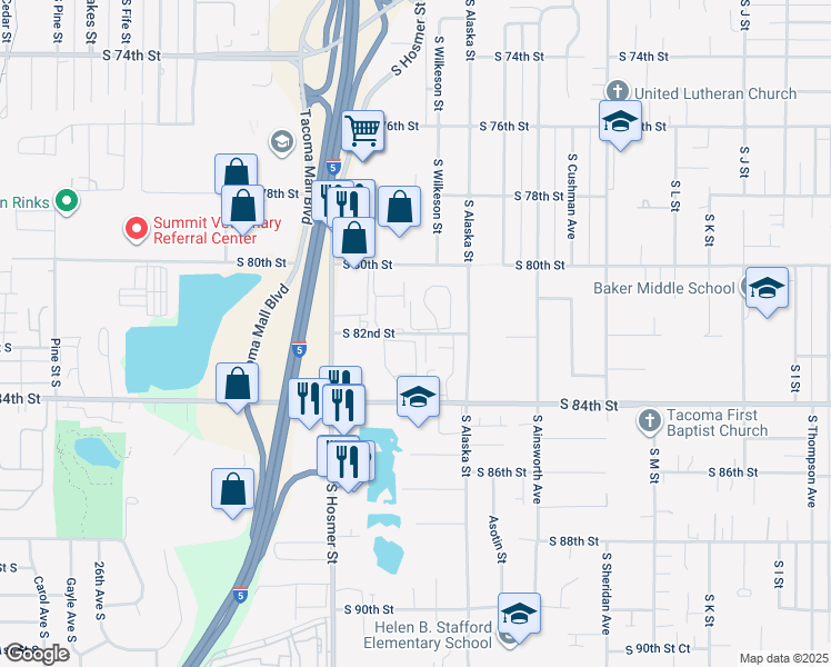 map of restaurants, bars, coffee shops, grocery stores, and more near 1809 South 82nd Street in Tacoma