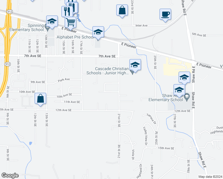 map of restaurants, bars, coffee shops, grocery stores, and more near 2007 10th Avenue Southeast in Puyallup