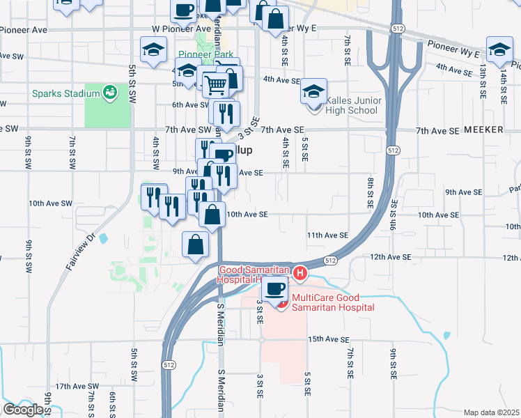 map of restaurants, bars, coffee shops, grocery stores, and more near in Puyallup