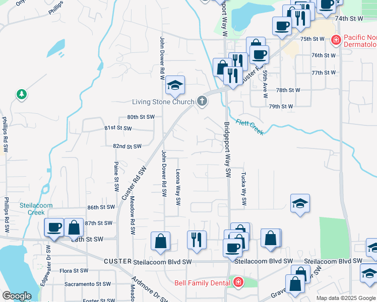 map of restaurants, bars, coffee shops, grocery stores, and more near 6219 83rd Street Southwest in Tacoma