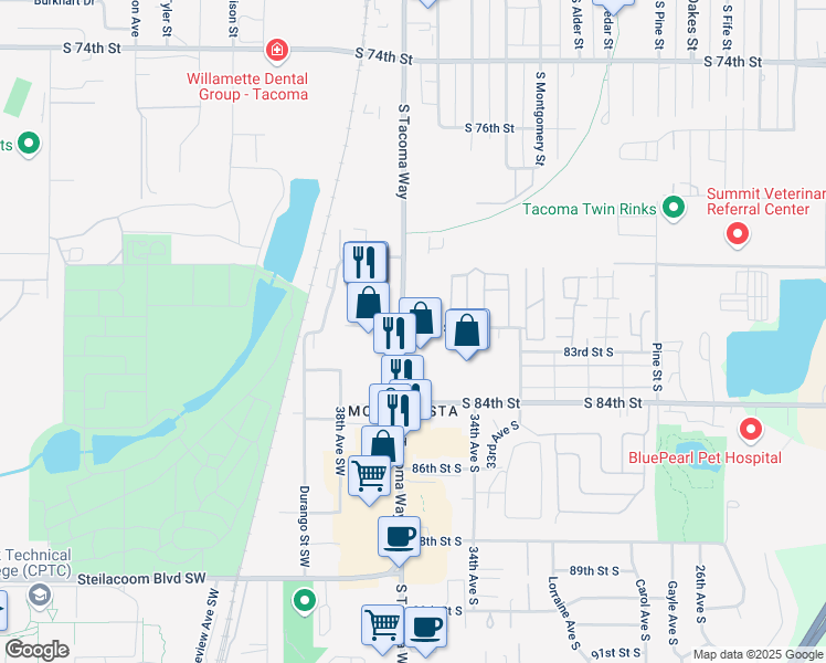 map of restaurants, bars, coffee shops, grocery stores, and more near 8220 South Tacoma Way in Lakewood