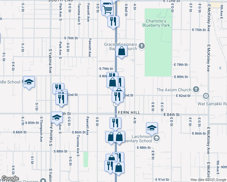 map of restaurants, bars, coffee shops, grocery stores, and more near 8040 Pacific Avenue in Tacoma