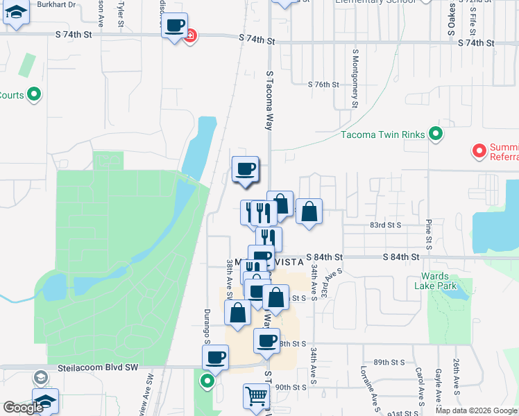 map of restaurants, bars, coffee shops, grocery stores, and more near 8220 South Tacoma Way in Lakewood