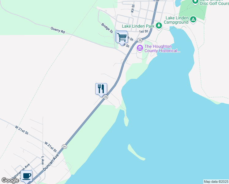 map of restaurants, bars, coffee shops, grocery stores, and more near Highway 26 in Lake Linden