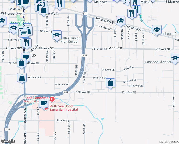 map of restaurants, bars, coffee shops, grocery stores, and more near 1002 9th Avenue Southeast in Puyallup