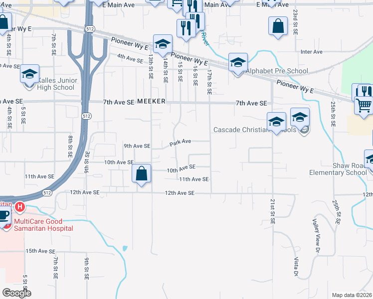 map of restaurants, bars, coffee shops, grocery stores, and more near 1533 Park Avenue in Puyallup