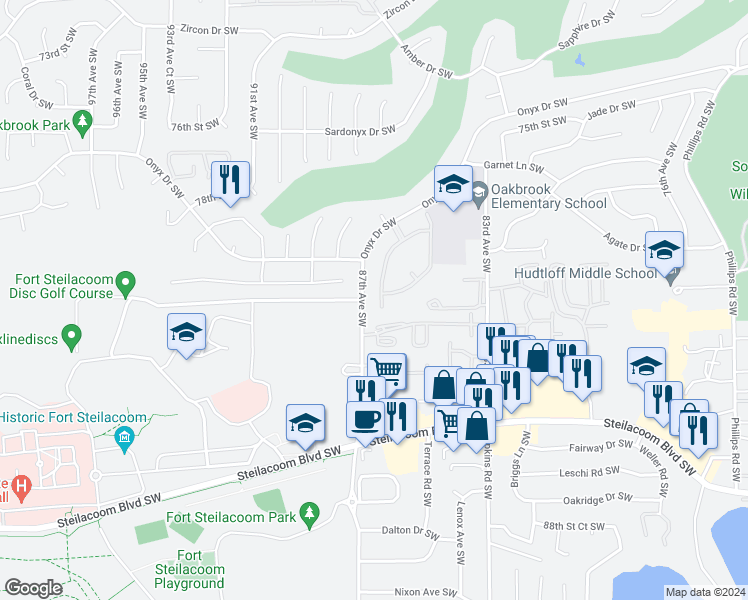 map of restaurants, bars, coffee shops, grocery stores, and more near 8705 81st Street Southwest in Lakewood