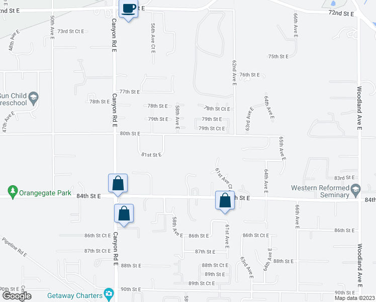 map of restaurants, bars, coffee shops, grocery stores, and more near 5818 80th Street East in Puyallup