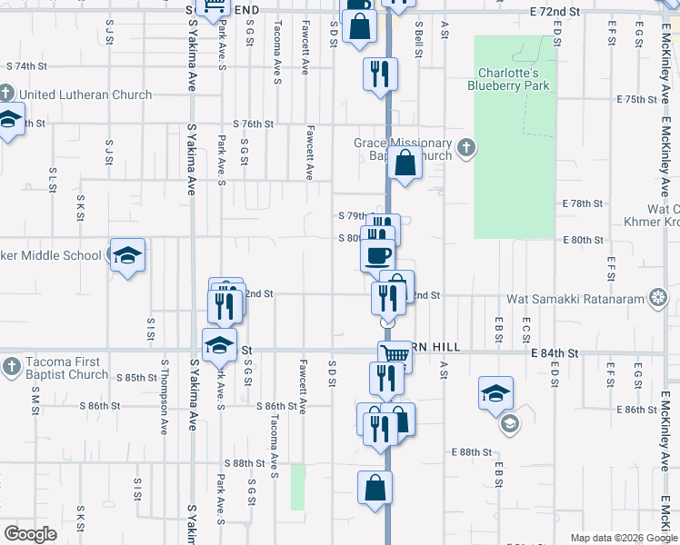 map of restaurants, bars, coffee shops, grocery stores, and more near 230 South 80th Street in Tacoma
