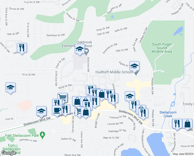 map of restaurants, bars, coffee shops, grocery stores, and more near 8020 83rd Avenue Southwest in Lakewood